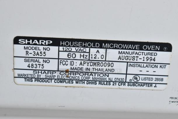 Sharp R-3A55 Microwave Oven label, 120V, 60Hz, 12A, manufactured August 1994, serial no. 48375, made in Thailand.