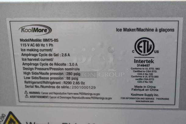 BRAND NEW SCRATCH AND DENT KoolMore BIM75-BS Ice Maker tag, showing model, 115V, 1 Phase, ETL listed, Intertek certified.