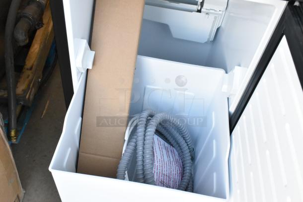 BRAND NEW 2025 KoolMore BIM75-BS ice maker, stainless steel, built-in/free-standing. 115V, 1 phase. Visible interior with hoses.