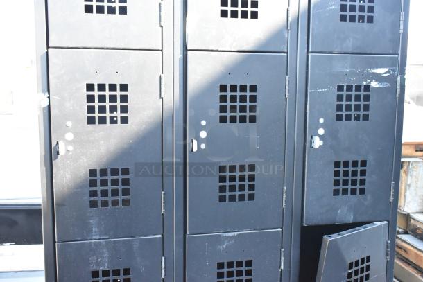 Black metal 12 cubby locker, featuring vented doors, slightly worn condition, sturdy hinges, and functional handles.