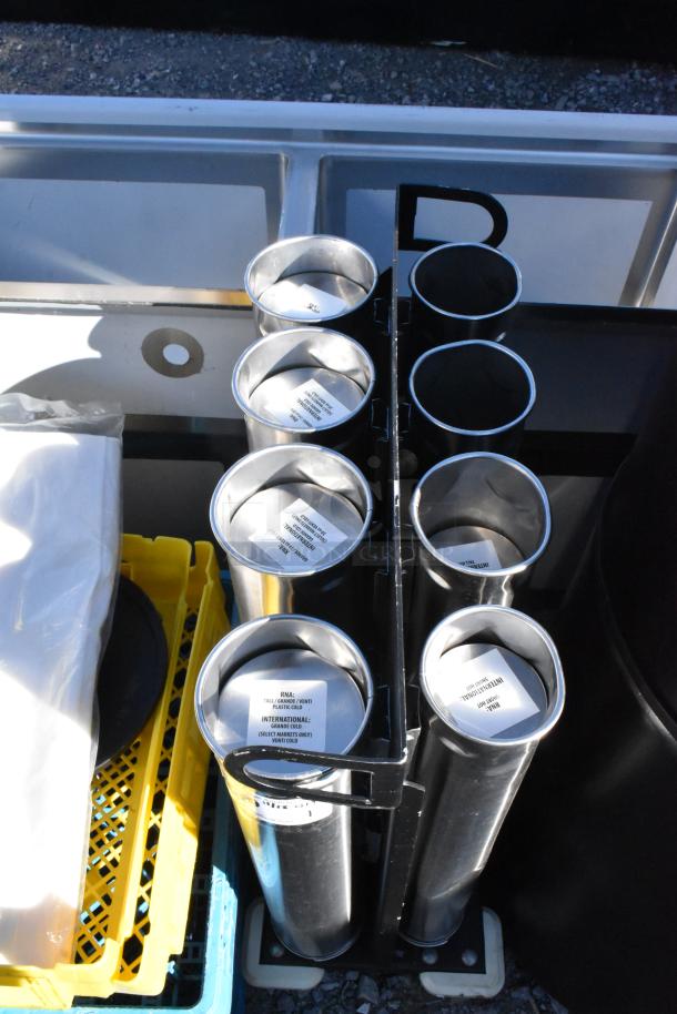 Metal 8 chute cup dispenser on commercial casters, silver finish, holds labeled cups, ideal for commercial use.