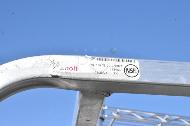 Metal commercial pan transport rack with NSF certification, model AL-1820B-2LC-SBKT. Features commercial casters.