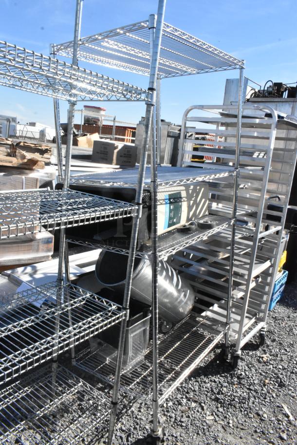 Chrome finish 4-tier wire shelving unit on commercial casters, holding various items. Buyer must dismantle for shipping.