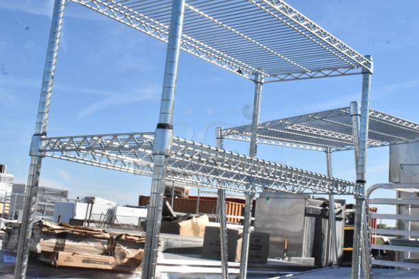 Chrome finish 5-tier wire shelving unit, sturdy metal construction, requires buyer dismantling. Consider freight charges.