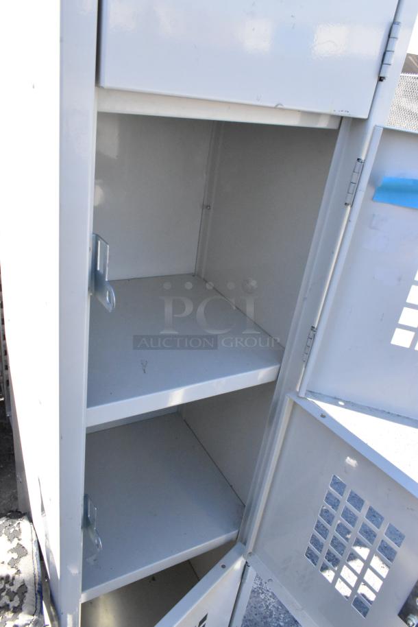 Tan metal 5 cubby locker, sturdy frame, vented doors, minor signs of wear, ideal for storage.