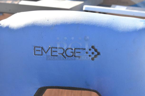 Emerge blue and black gaming chair with visible wear, embroidered logo, on casters, ideal for home or office gaming setup.