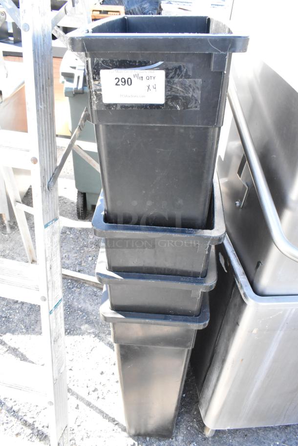Four black Slim Jim trash cans stacked, good condition, with label indicating auction lot 290, quantity 4.