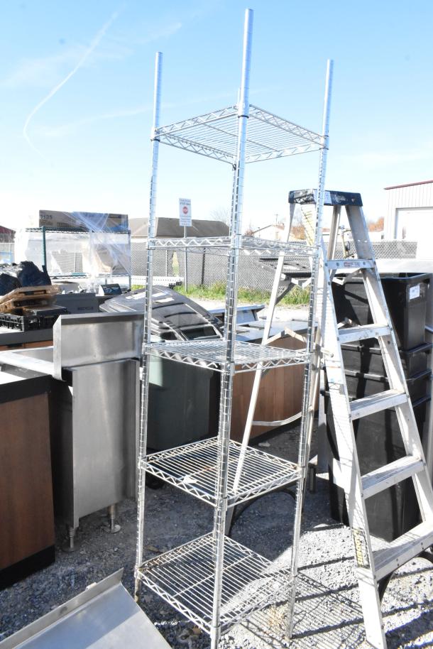 Chrome finish 5-tier wire shelving unit in used condition. Buyer must dismantle. Consider freight charges.