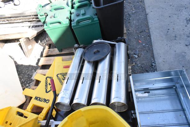 Pallet lot with ladder, wet floor caution signs, filing cabinet drawer, and assorted items. Mixed condition.