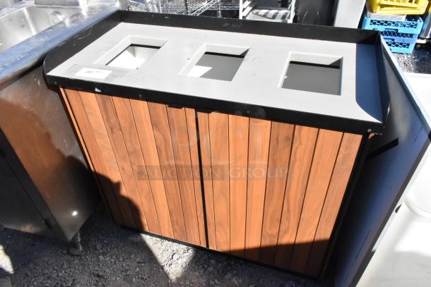 Wood pattern trash can shell with 3 deposit holes, 2 doors. Features a sleek design, ideal for organized waste disposal.