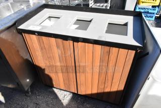 Wood pattern trash can shell with 3 deposit holes, 2 doors. Features a sleek design, ideal for organized waste disposal.