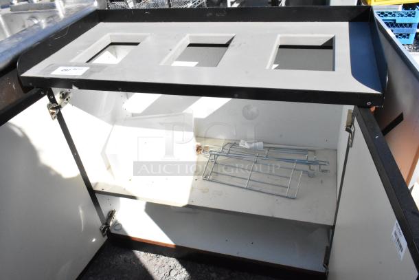 Wood pattern trash can shell with 3 deposit holes and 2 doors, visible internal structure, and a label with item number.