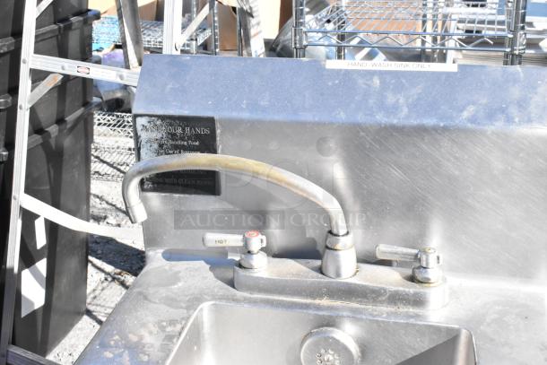 Stainless Steel Single Bay Sink, single spout, hot/cold taps, "HAND-WASH SINK ONLY" label, minor surface wear.