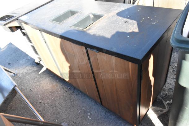 Wood pattern trash can shell with two deposit holes and three doors, showcasing a sleek design and durable construction.