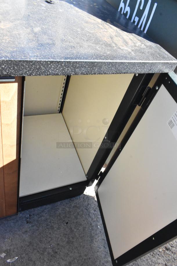 Wood pattern trash can shell, two deposit holes, three doors, open side view, sturdy metal frame, spotless interior.