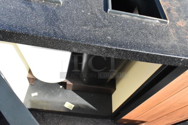 Wood-pattern trash can shell featuring two deposit holes and three doors, with a durable black speckled finish.