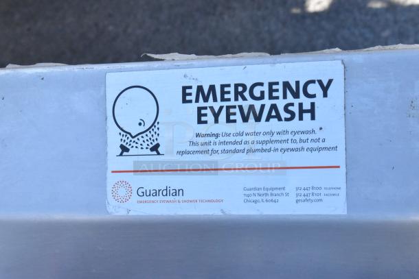 Stainless steel single bay sink with counter, backsplash, and undershelf. Emergency eyewash label attached.