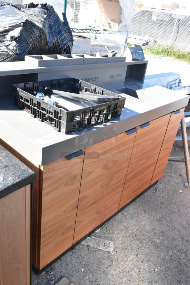 Wood pattern trash can shell with three trash deposit holes, four doors, and labeled compost and recycle sections.