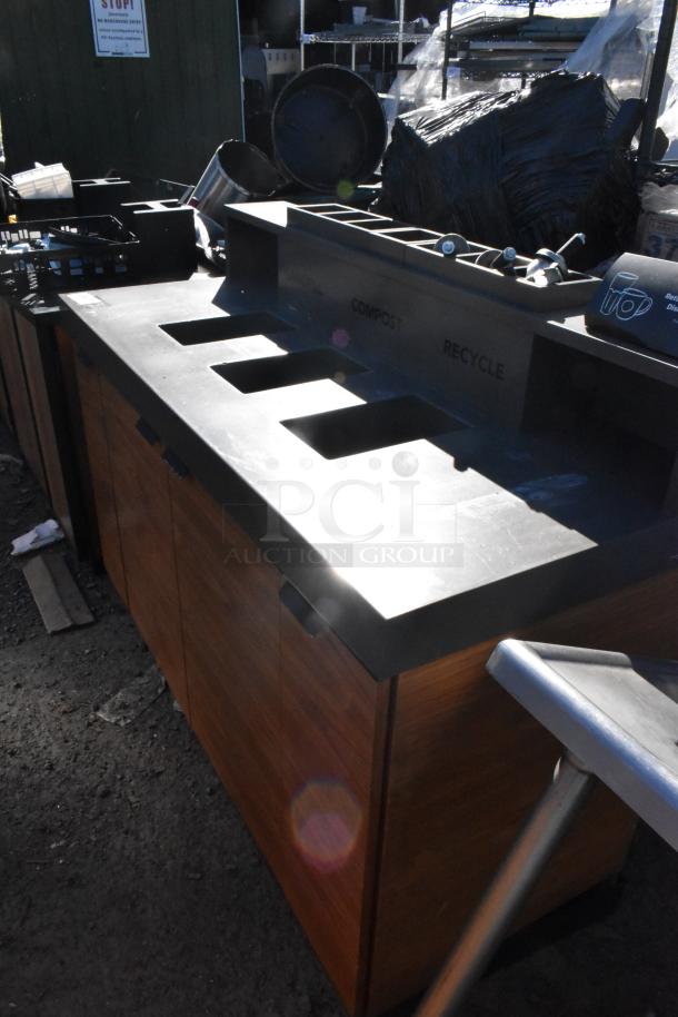 Wood-patterned trash can shell with three deposit holes for landfill, compost, and recycle; features four doors.