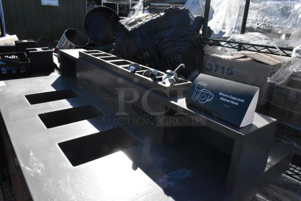 Wood-pattern trash can shell with three deposit holes, labeled for refuse, compost, and recycle, featuring four access doors.