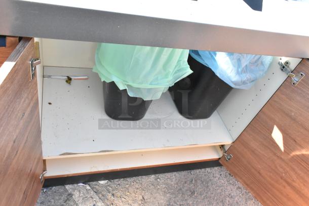 Wood pattern trash can shell with three deposit holes and four doors, showing interior bins with colored liners.