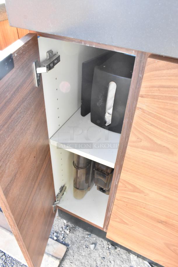 Wood pattern trash can shell with three deposit holes and four doors. Features open cabinet and mounted dispensers.