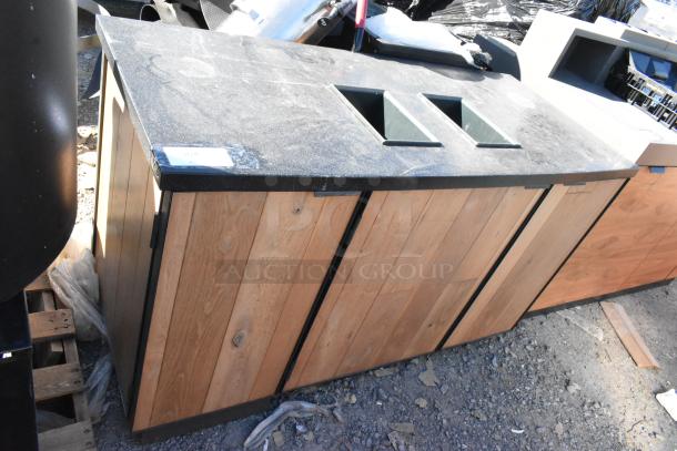 Wood pattern trash can shell with two deposit holes and three doors, featuring a black top and visible wood grain finish.