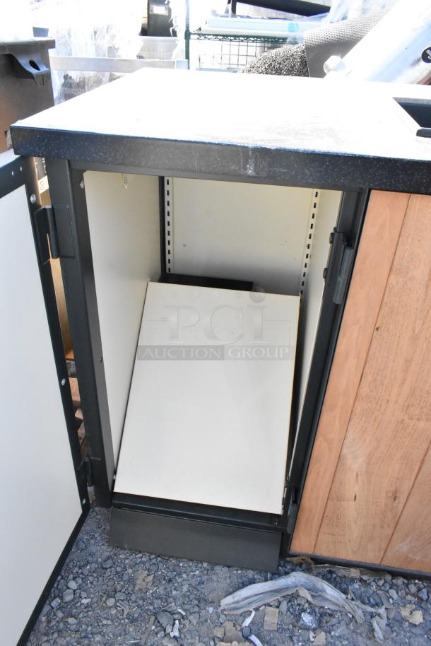 Wood pattern trash can shell with two deposit holes and three doors, open to show interior. Good condition, sturdy construction.