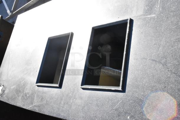 Wood pattern trash can shell with two deposit holes and three doors, showing weathered condition.