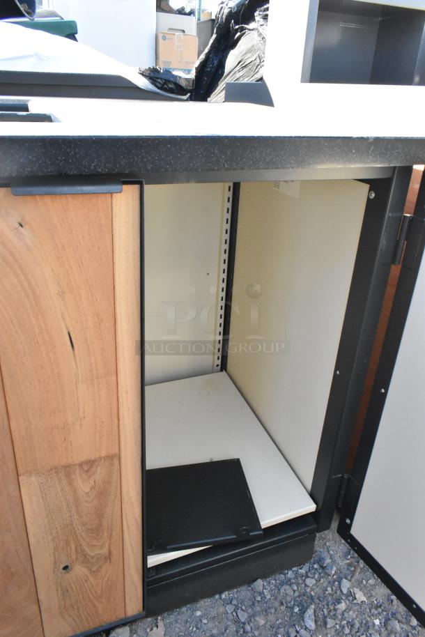 Wood pattern trash can shell with two deposit holes and three doors. Features open shelving and visible wood grain design.