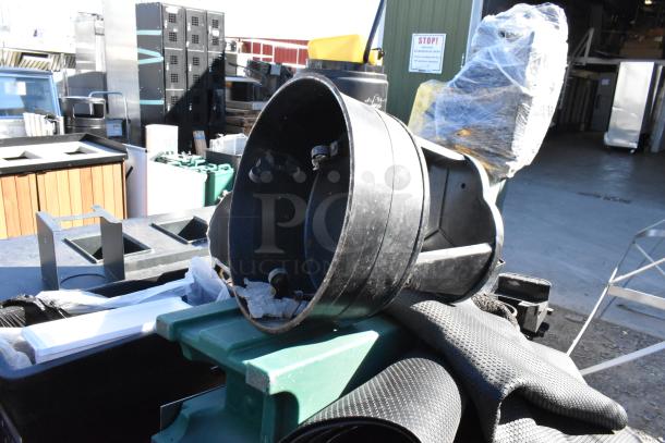 Pallet lot of various items, including black floor mats, metal stool, and serving tray stands, in used condition.