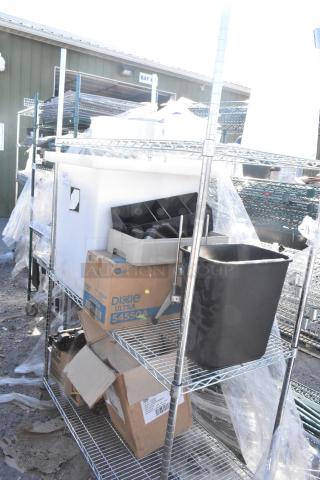 Chrome 3-tier wire shelving unit with trash bin, Libbey beer glasses, Dixie Ultra 54550A dispenser. Buyer dismantles.