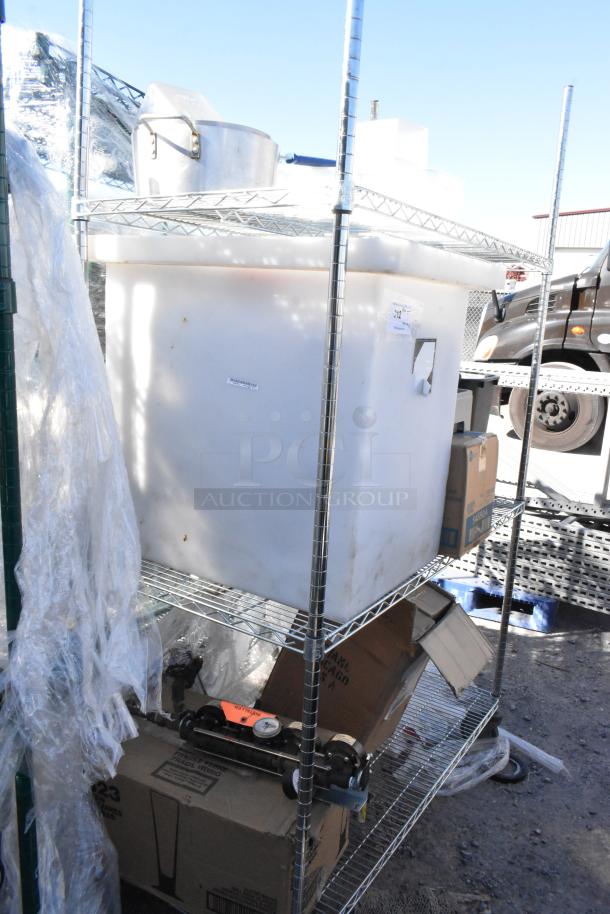 Chrome finish 3-tier wire shelving unit with contents, including trash bin, boxes, and Libbey beer glasses. Buyer must dismantle.