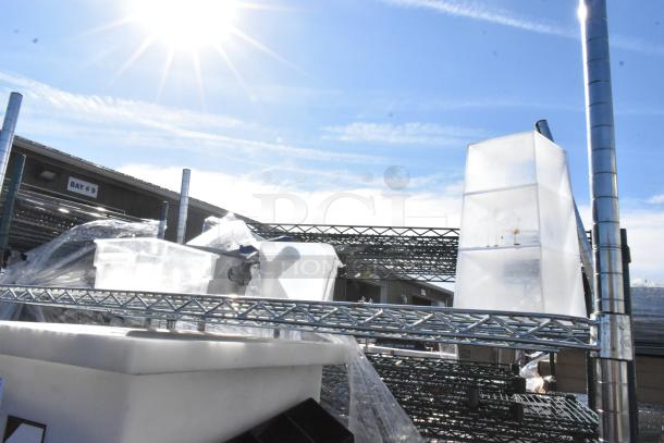 Chrome finish 3-tier wire shelving unit with contents: trash bin, Libbey beer glasses, Dixie Ultra dispenser. Buyer dismantles.