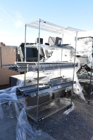 Chrome finish 4-tier wire shelving unit on casters with labeled metal pieces. Buyer must dismantle. Consider freight charges.