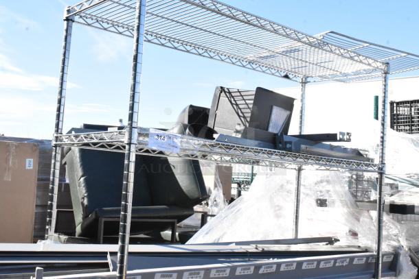 Chrome finish 4-tier wire shelving unit on commercial casters with assorted metal contents. Buyer must dismantle.