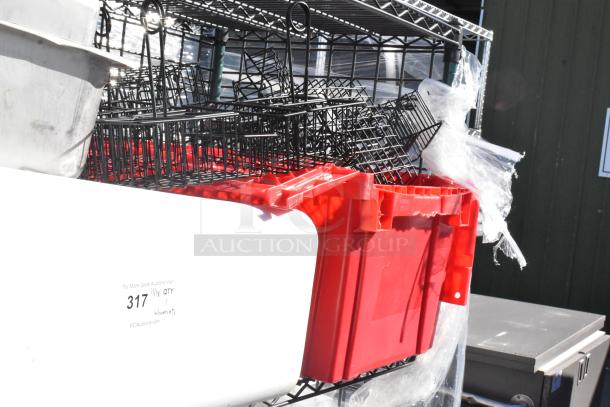 Black and green 4-tier wire shelving unit on commercial casters, including contents. Buyer must dismantle for shipping.