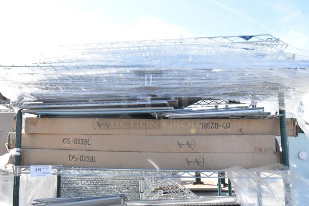 Chrome and green 5-tier wire shelving unit on commercial casters, includes contents. Buyer must dismantle.