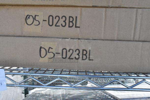 Chrome and green 5-tier wire shelving on commercial casters with contents; labels read "05-023BL." Buyer must dismantle.