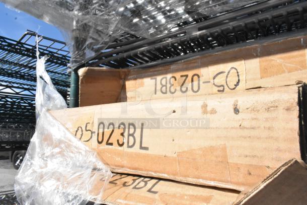 Chrome and green 5-tier wire shelving unit, commercial casters, includes contents, buyer must dismantle for shipping.