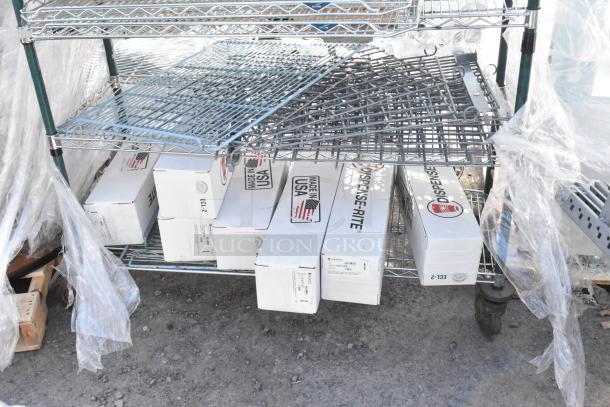 Chrome and green 5-tier wire shelving unit on commercial casters, includes contents; buyer must dismantle.