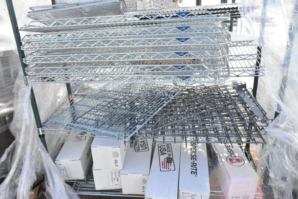 Chrome and green 5-tier wire shelving unit on commercial casters with contents. Requires buyer dismantling. Includes Dispens-Rite boxes.