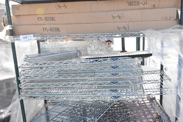 Chrome and green 5-tier wire shelving unit on casters, includes contents. Buyer must dismantle. Consider freight charges.