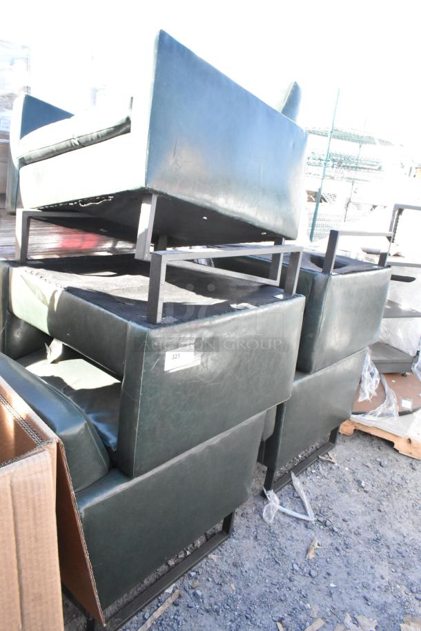 Five dark green upholstered chairs with metal legs, stacked outdoors; label reads "321". Good condition.