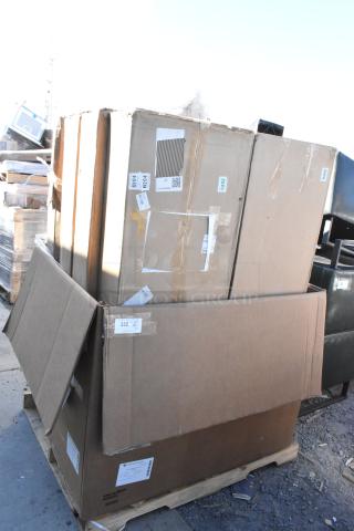Boxed items on a pallet, labeled with various tags, including Steelton shelves and Regency stainless steel products.