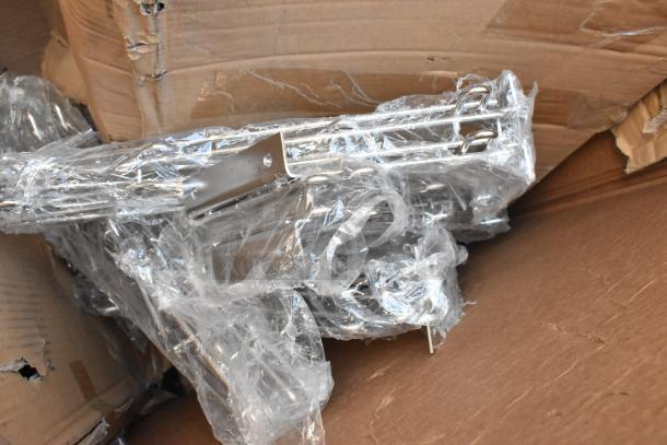 15 new items in damaged packaging, including Steelton 18"x60" chrome shelf kit, Regency legs, and pot rack with hooks.