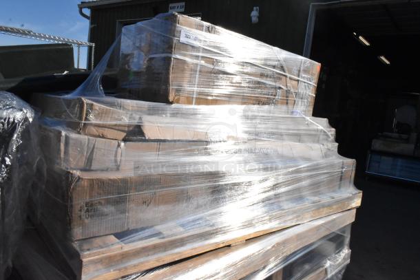 Shrink-wrapped pallet with 5 scratch and dent items, including Suncast storage cabinet and Steelton pan racks.