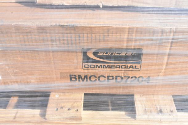 Suncast BMCCPD7204 dark gray 5-shelf heavy-duty tall storage cabinet packaging, denotes model and brand.