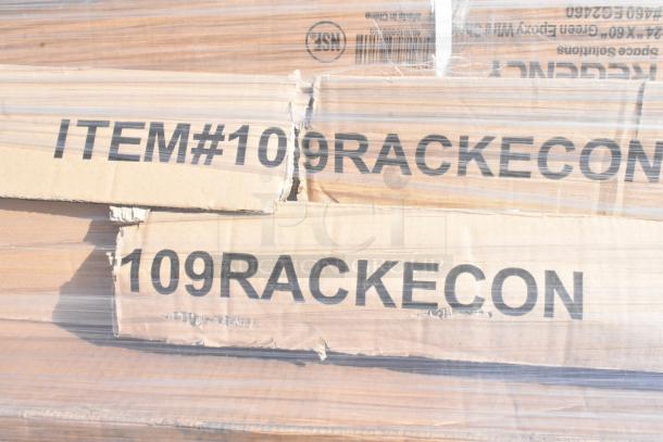 Cardboard boxes labeled "ITEM#109RACKECON," indicating Steelton 20 Pan End Load Bun/Sheet Pan Rack, unassembled and new.