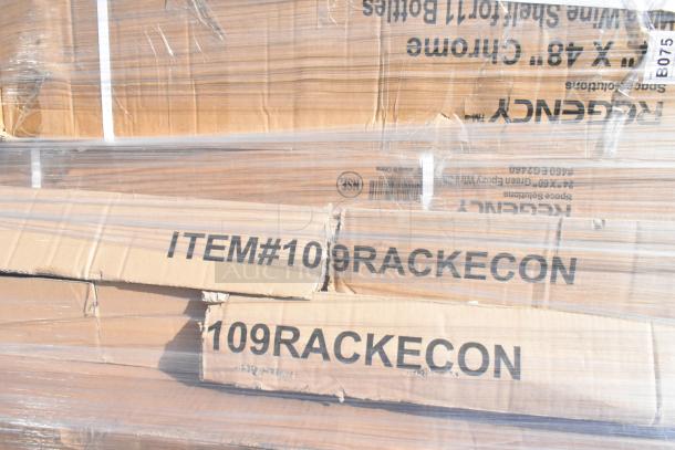 Packaged items including Suncast storage cabinet, Steelton pan racks, Regency wine shelf; labeled with "ITEM#109RACKECON".